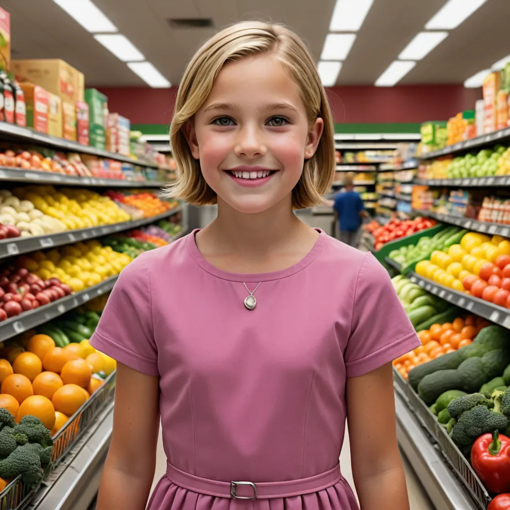 a little girl standing in front of a display of fruits and vegetables in a grocery store aisle with a smile on her face, photorealism, a stock photo, Christopher Williams, promotional image