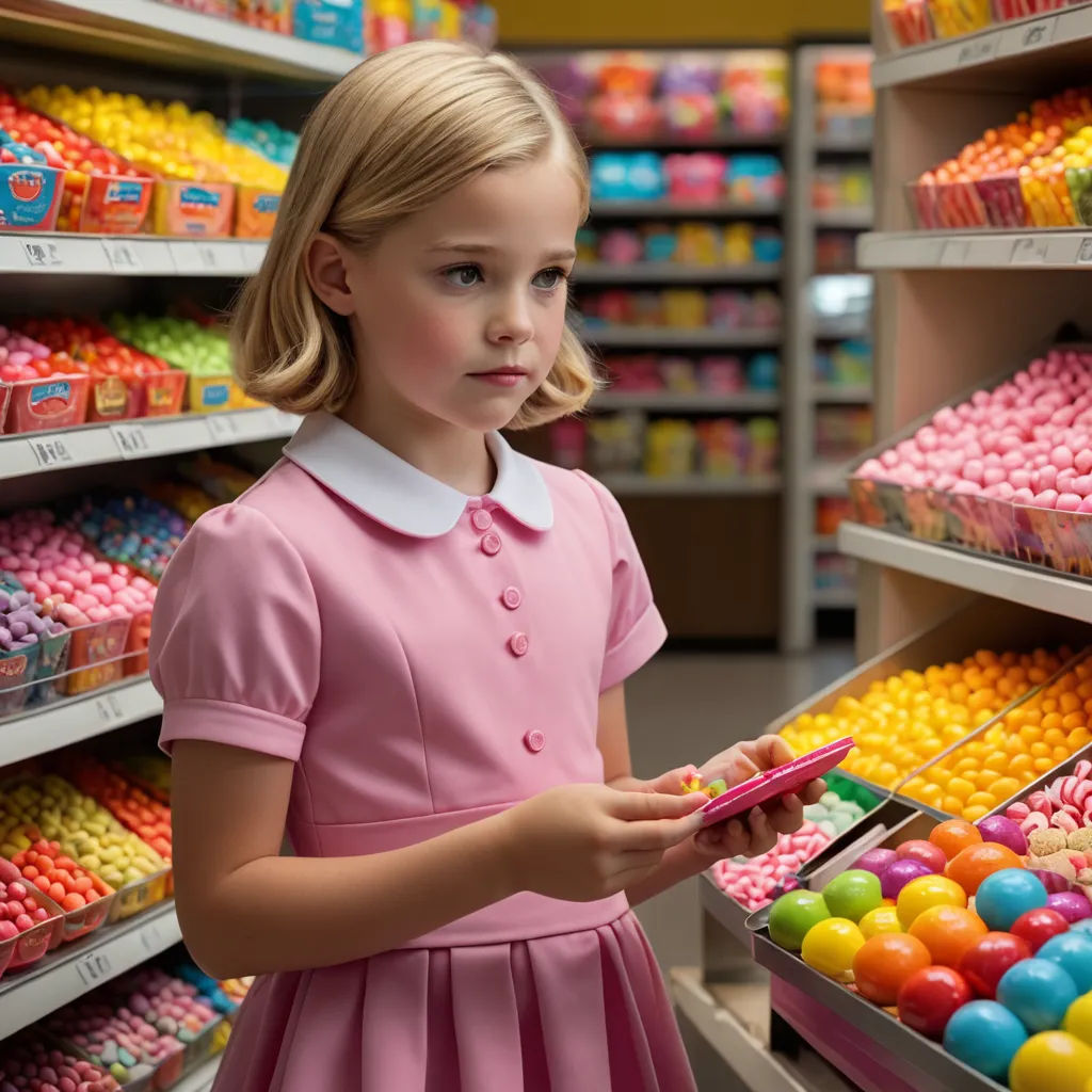 a little girl in a pink dress is looking at a cell phone in a store aisle with a shelf of candy, aestheticism, a character portrait, Celia Fiennes, promotional image