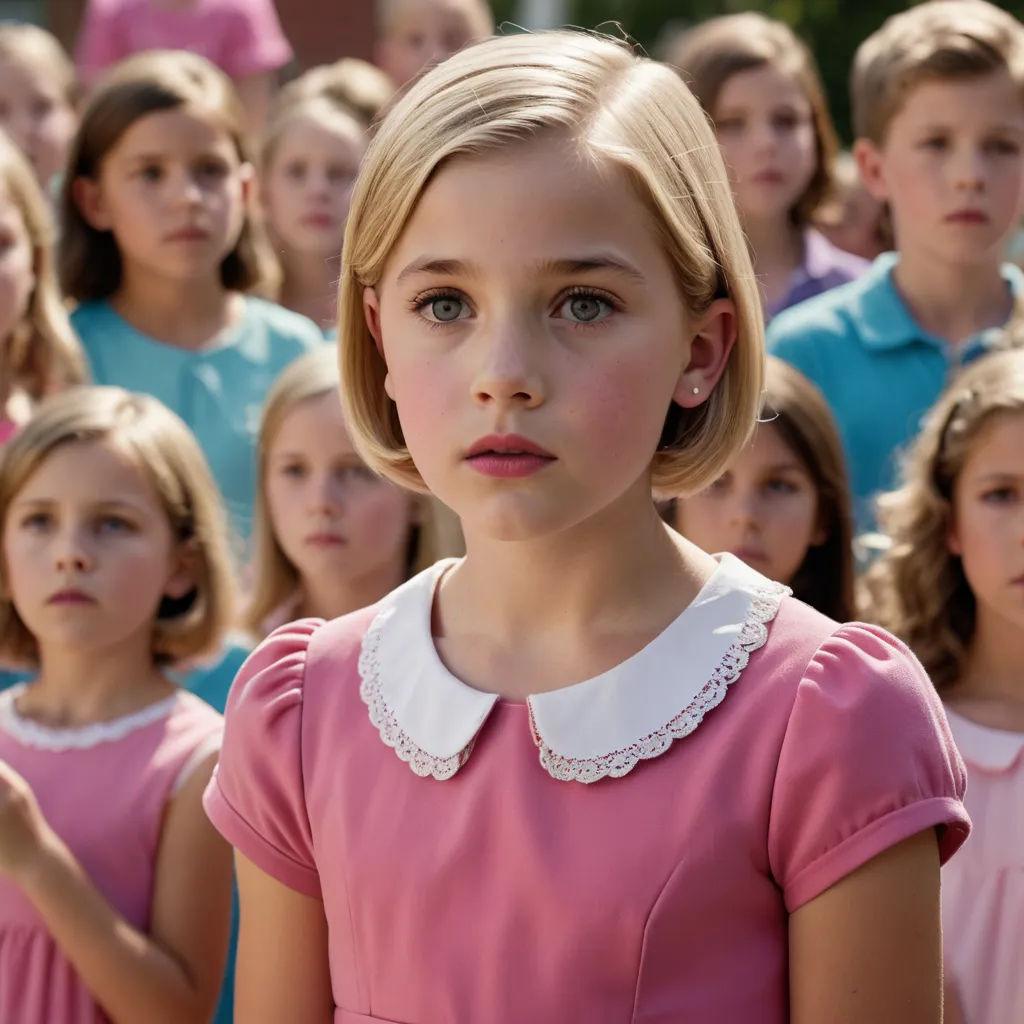 a group of children in pink dresses standing in front of a group of children in blue shirts and pink dresses, american realism, a poster, Edward Otho Cresap Ord, II, promotional image