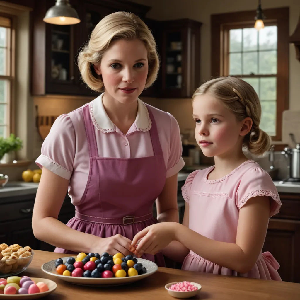 a woman and a girl are standing in front of a plate of candy balls and cookies on a table, american impressionism, a photorealistic painting, Caroline Lucy Scott, promotional image