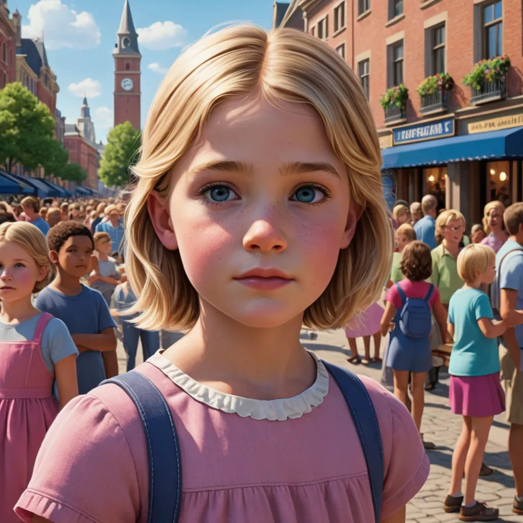 a little girl standing in front of a crowd of people on a street with a clock tower in the background, photorealism, a photorealistic painting, Celia Fiennes, cgstudio