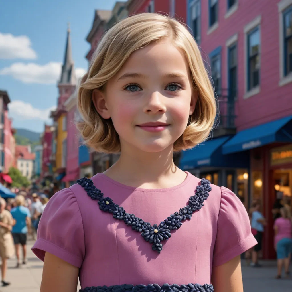 a little girl in a pink dress standing in front of a crowd of people on a street with a pink building, aestheticism, a character portrait, Constance Gordon-Cumming, promotional image