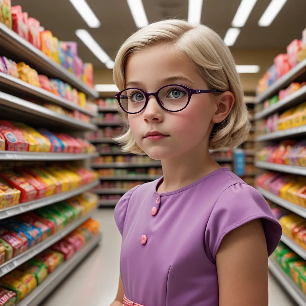 a little girl wearing glasses standing in front of a shelf of food in a store aisle with a shelf of milk and juice, hyperrealism, a tilt shift photo, Felicity Charlton, glasses