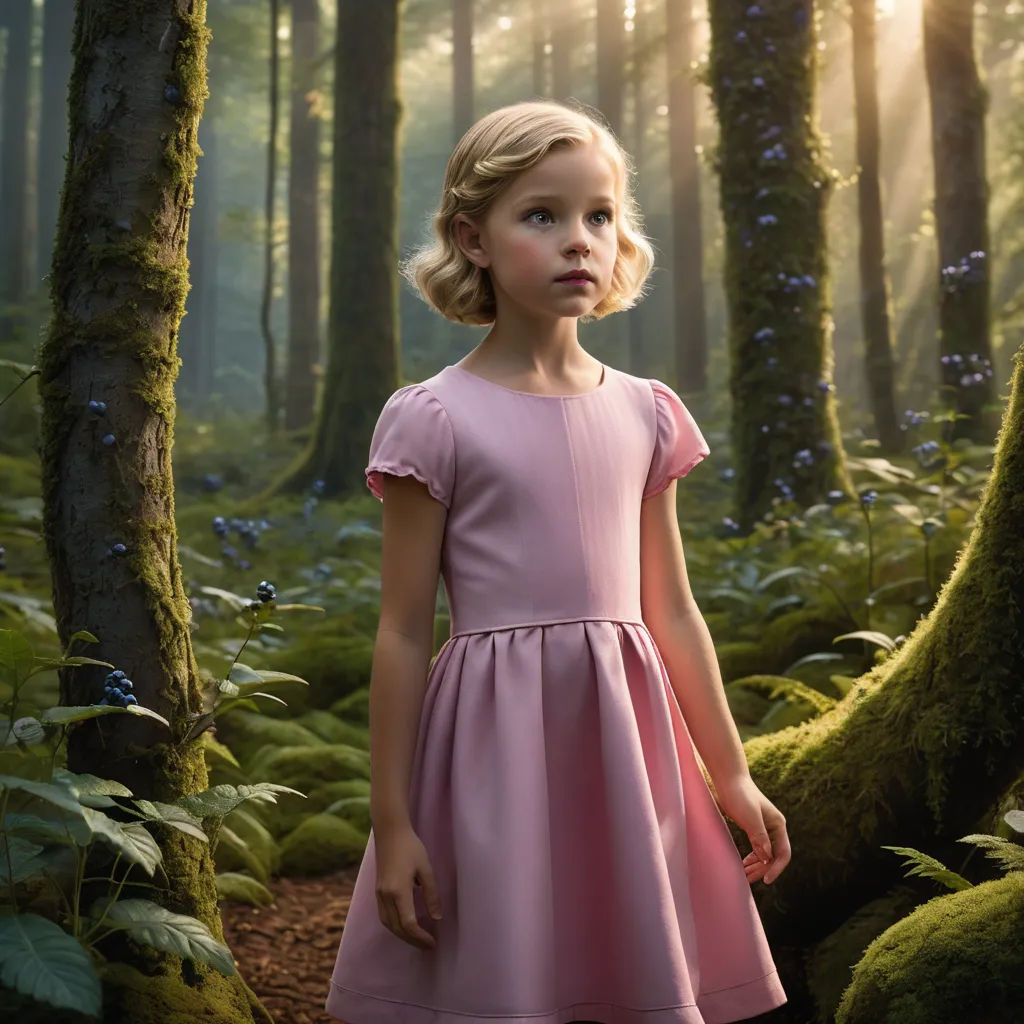a little girl in a pink dress standing in a forest with mossy trees and bluebells in the background, magical realism, a storybook illustration, Alice Prin, promotional image