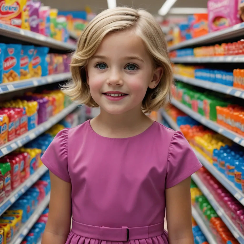 a little girl standing in front of a shelf of food in a store aisle with a smile on her face, photorealism, a photorealistic painting, Caroline Lucy Scott, hi - fructose