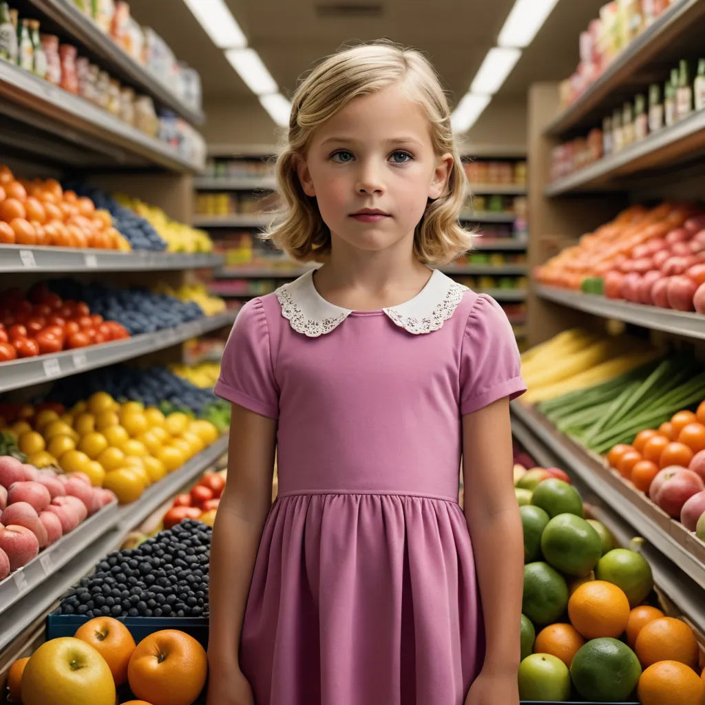 a little girl standing in front of a display of fruits and vegetables in a grocery store aisle with a shelf full of fresh produce, american realism, a still life, Felicity Charlton, award - winning photography