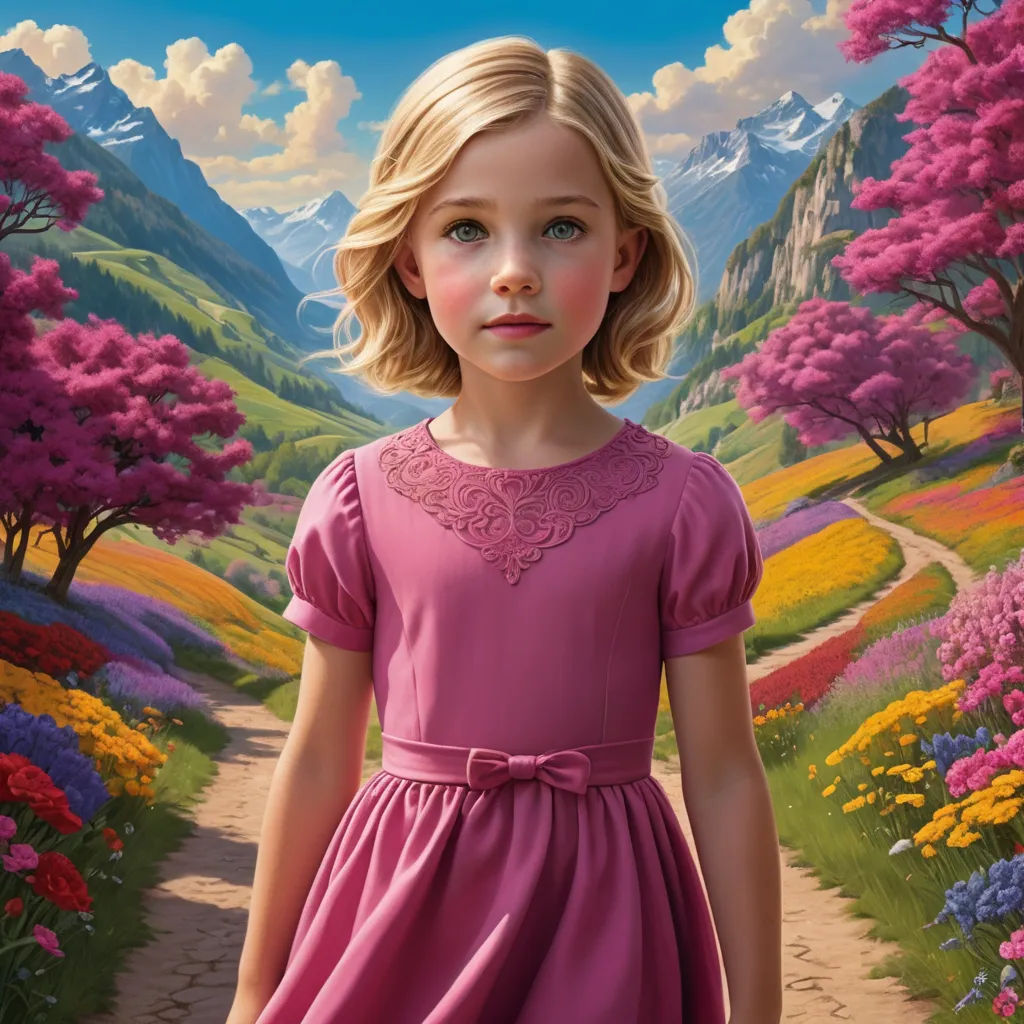 a painting of a little girl in a pink dress standing in a field of flowers with mountains in the background, magical realism, a detailed painting, Drew Struzan, kinkade