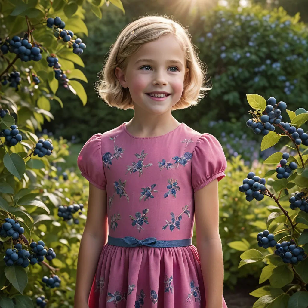a little girl standing in front of a bush with blueberries on it and smiling at the camera with a sun shining behind her, arts and crafts movement, a stock photo, Christian Hilfgott Brand, promotional image