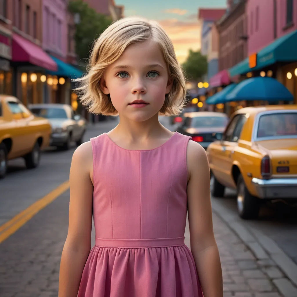 a little girl in a pink dress standing on a street corner with a taxi cab in the background and a yellow taxi cab in the foreground, magical realism, a photorealistic painting, Daniel Lieske, cinematic photography