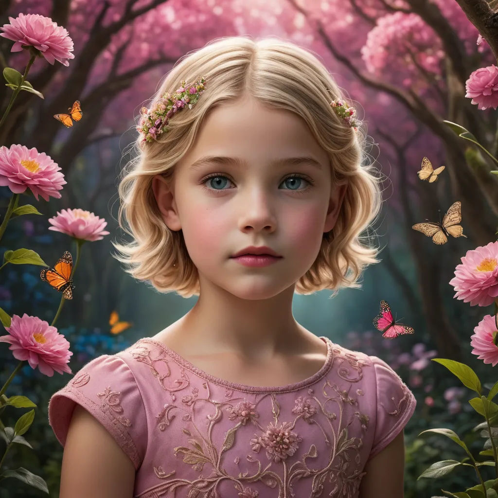a painting of a little girl in a pink dress surrounded by pink flowers and butterflies, with a butterfly in her hair, magical realism, a photorealistic painting, Celia Fiennes, highly detailed digital painting