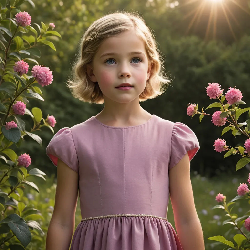 a little girl in a pink dress standing in a field of flowers with the sun shining behind her and a pink dress with a bea, american barbizon school, a photorealistic painting, Christian Hilfgott Brand, portrait photography