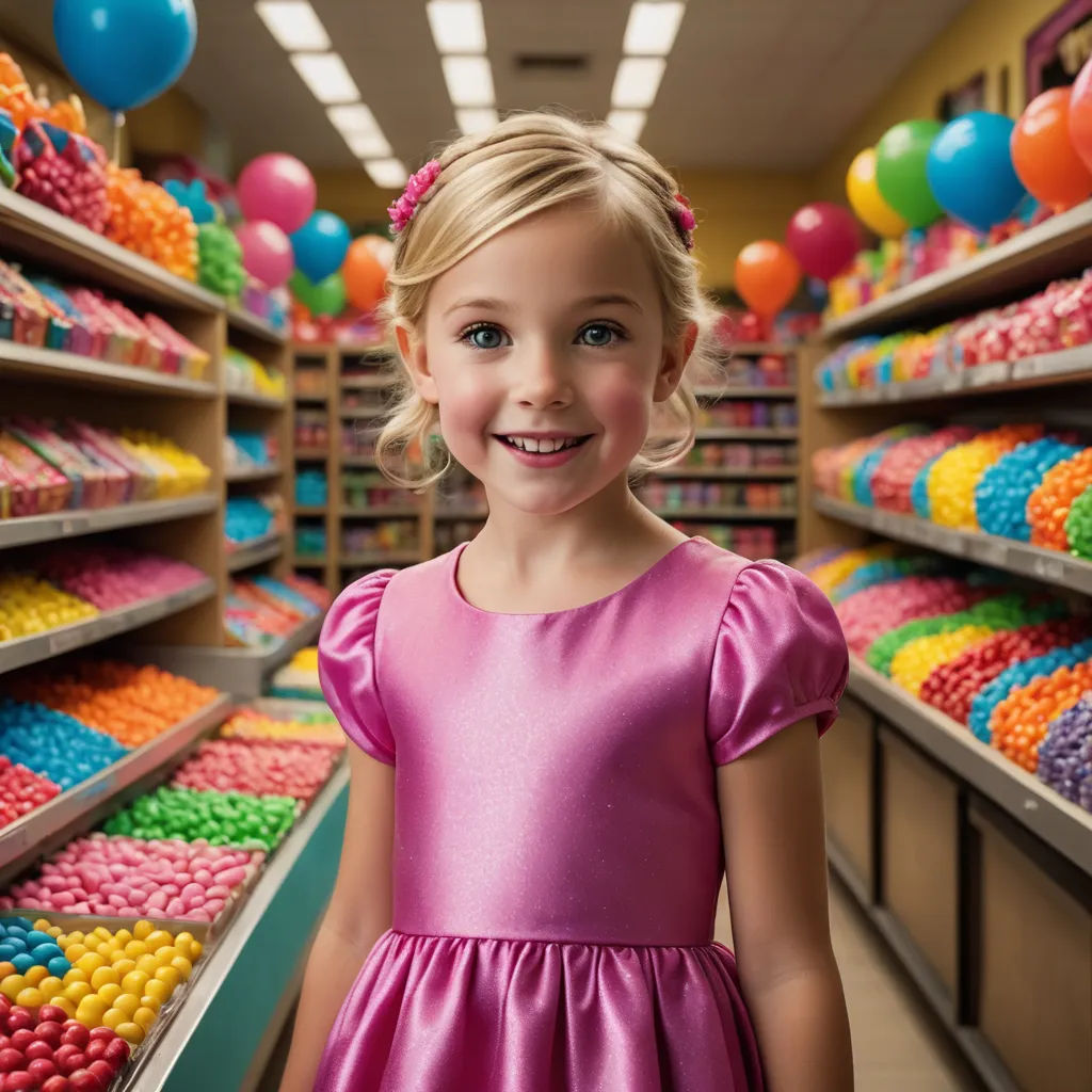 a little girl in a pink dress standing in a store aisle with balloons and a shelf of candy in the background, photorealism, a photorealistic painting, Claire Hummel, hi - fructose