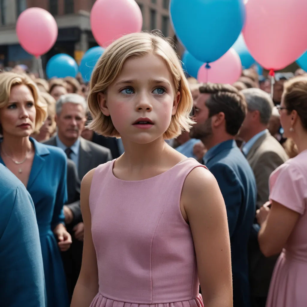 a little girl in a pink dress standing in front of a crowd of people with balloons in the air, neoism, a poster, Daniel Lieske, promotional image