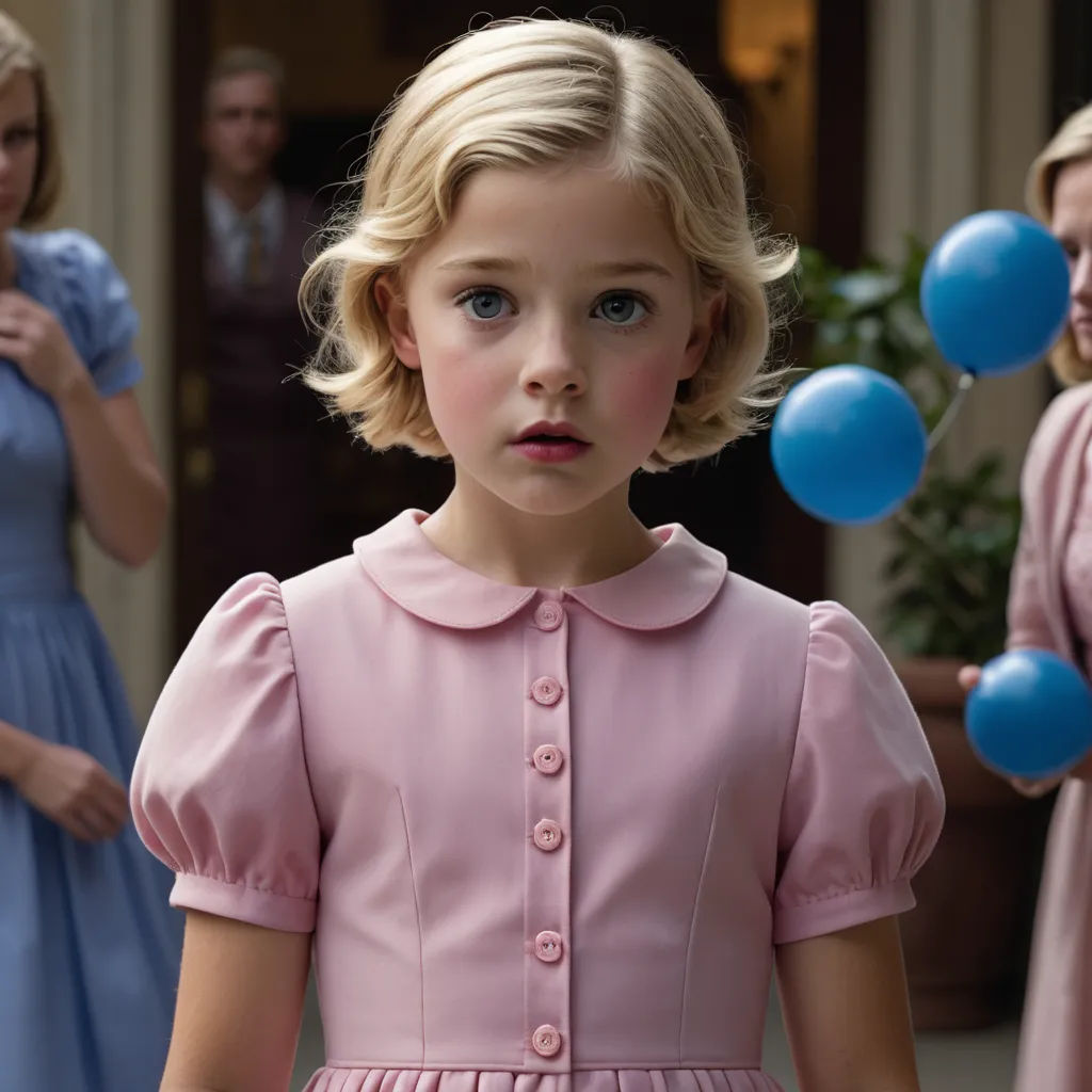 a little girl in a pink dress standing in front of a group of people with blue balloons in the air, american realism, a poster, Celia Fiennes, promotional image