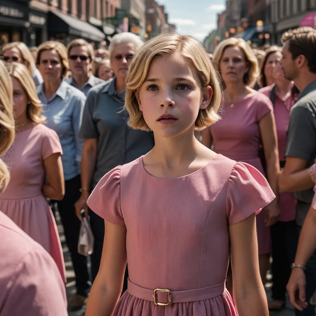 a little girl in a pink dress standing in front of a crowd of people in a city street with a man in the background, antipodeans, poster art, David Park, dystopia