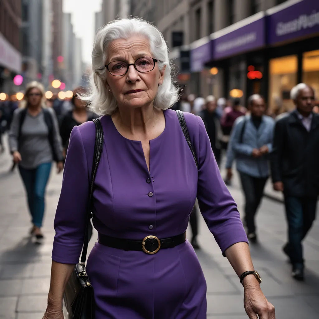 a woman in a purple dress walking down a street with people walking by on the sidewalk and on the sidewalk, precisionism, a character portrait, Bruce Gilden, portrait photography