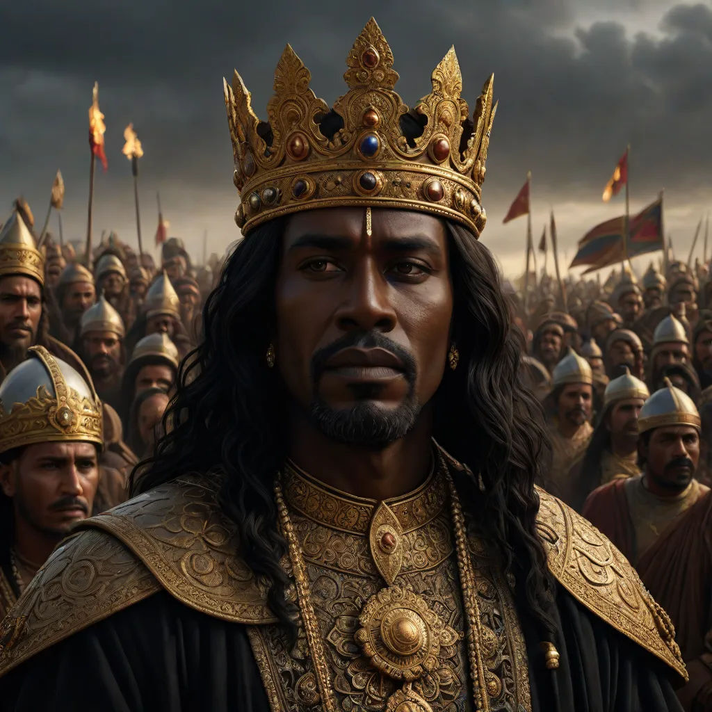 a man in a crown standing in front of a crowd of people in gold and black outfits and gold jewelry, Altoon Sultan, afrofuturism, a detailed matte painting, promotional image