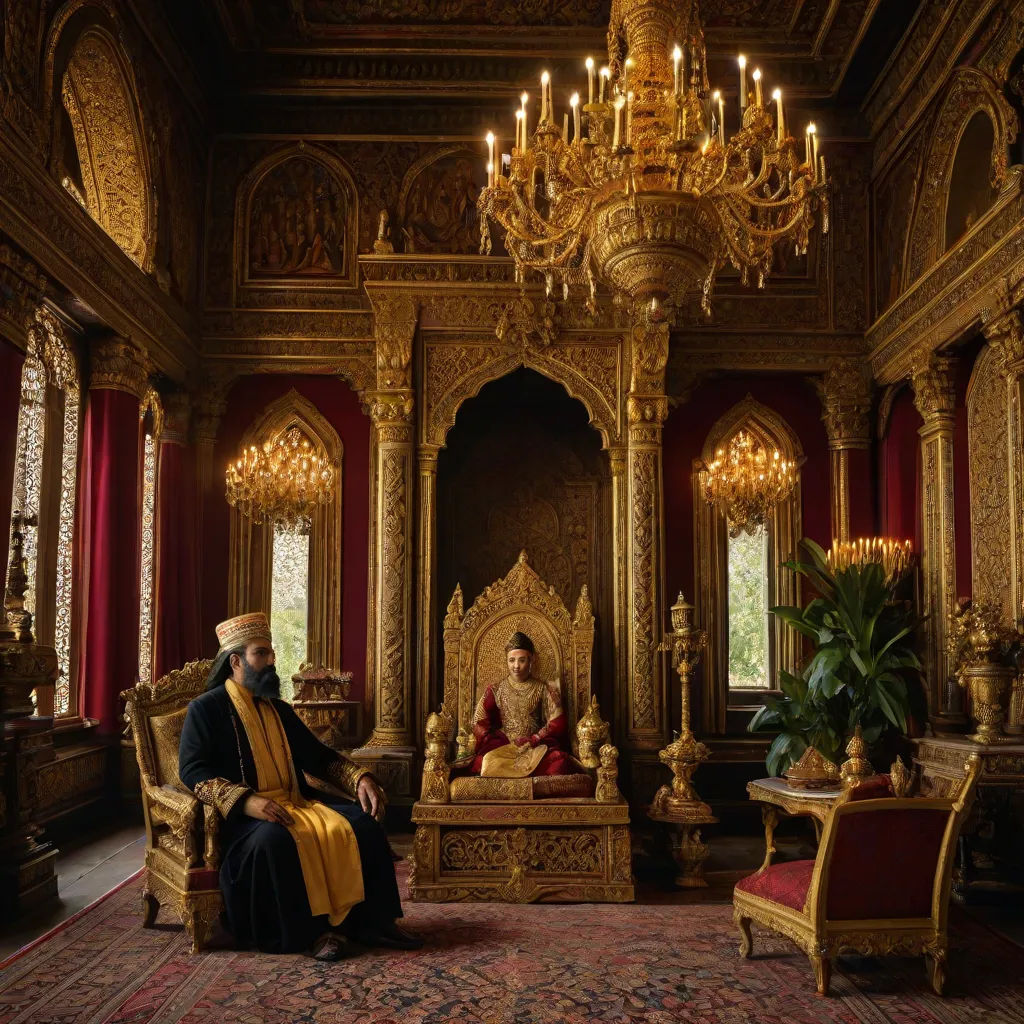 a man sitting in a chair in a room with a chandelier and a woman in a dress, David LaChapelle, qajar art, a flemish Baroque, vfx