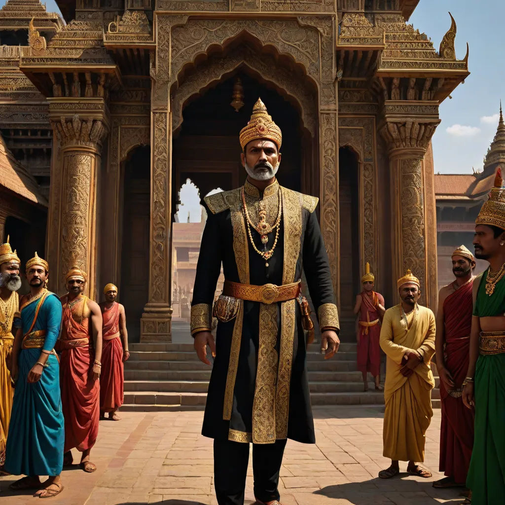a man in a black and gold outfit standing in front of a group of men in colorful outfits and turbans, Bholekar Srihari, samikshavad, a detailed matte painting, vfx