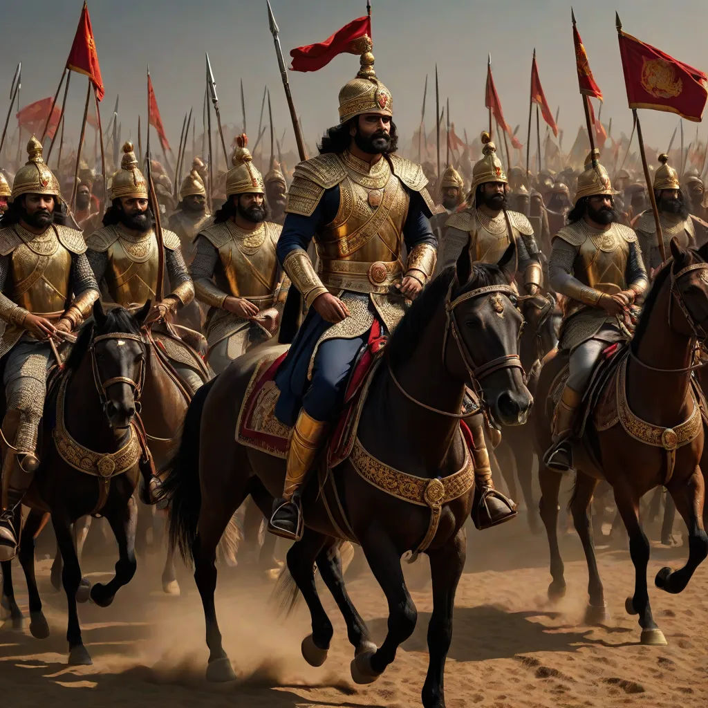 a group of men riding on the backs of horses in uniforms of knights and knights with flags in the background, Altoon Sultan, qajar art, a detailed matte painting, vfx