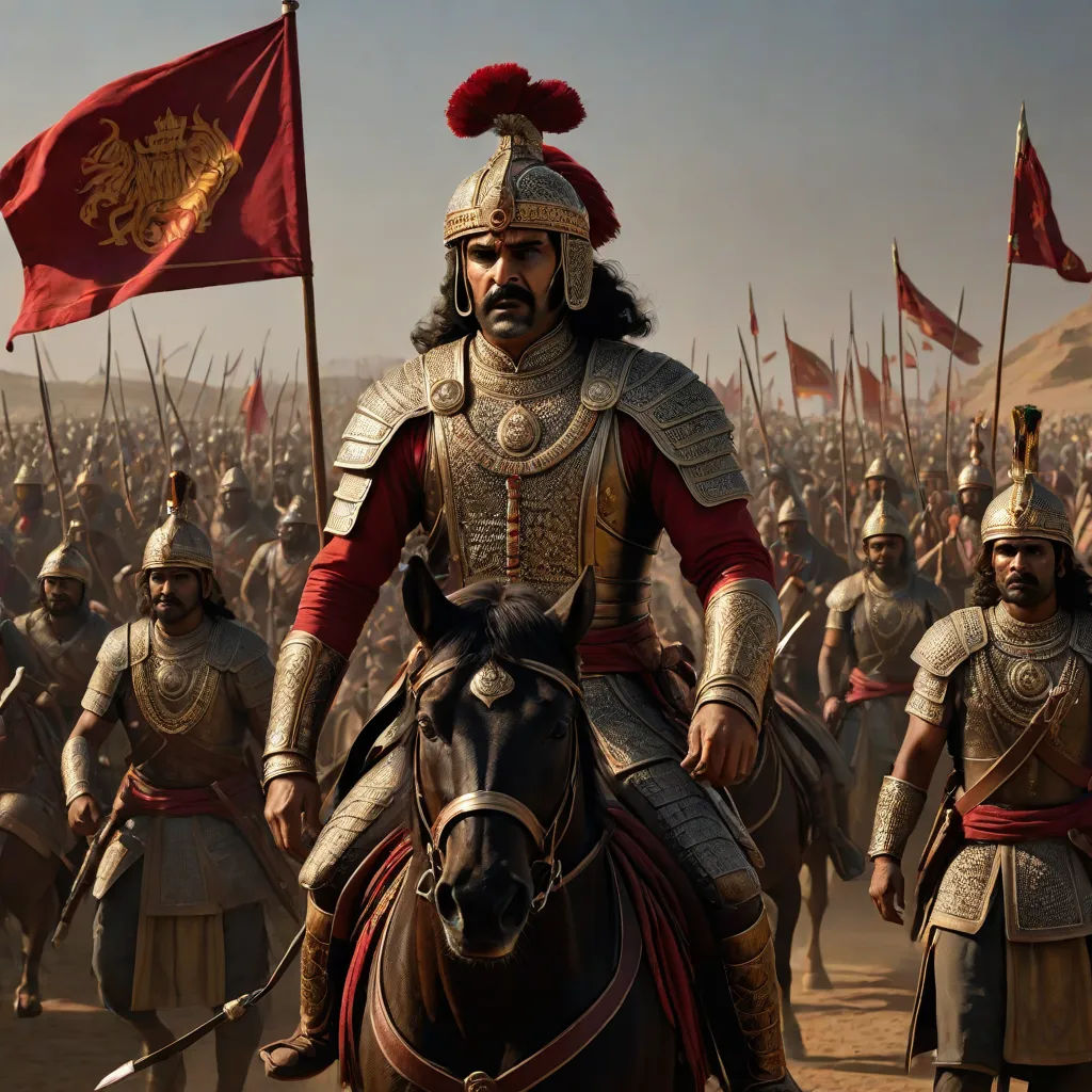 a man in a helmet riding on a horse next to a group of men in armor and holding flags, Altoon Sultan, samikshavad, a detailed matte painting, vfx