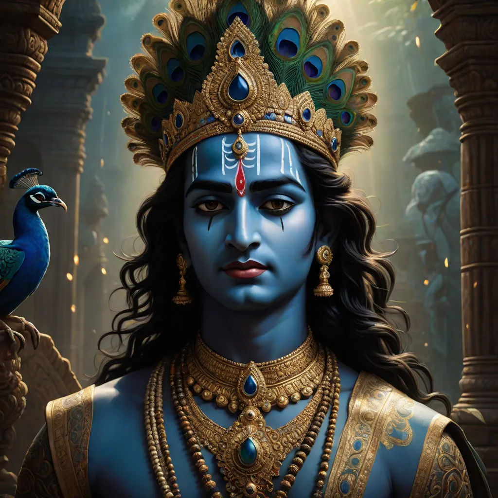 a painting of a man with a peacock on his head and a peacock on his shoulder, in front of a doorway, Bholekar Srihari, samikshavad, a painting, highly detailed digital painting