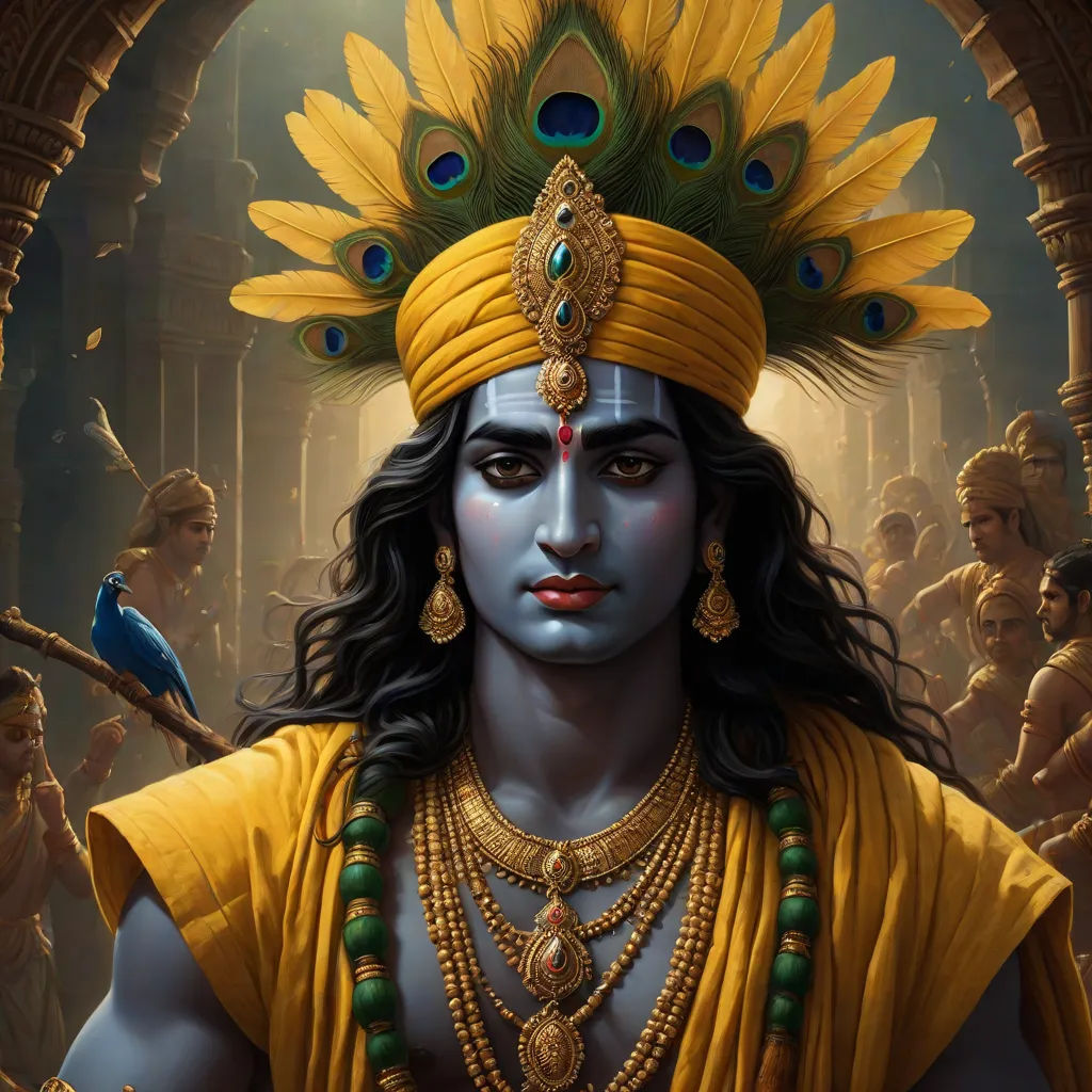 a painting of a man with a peacock on his head and a bird on his shoulder, in front of a crowd of people, Bholekar Srihari, samikshavad, a detailed painting, highly detailed digital painting