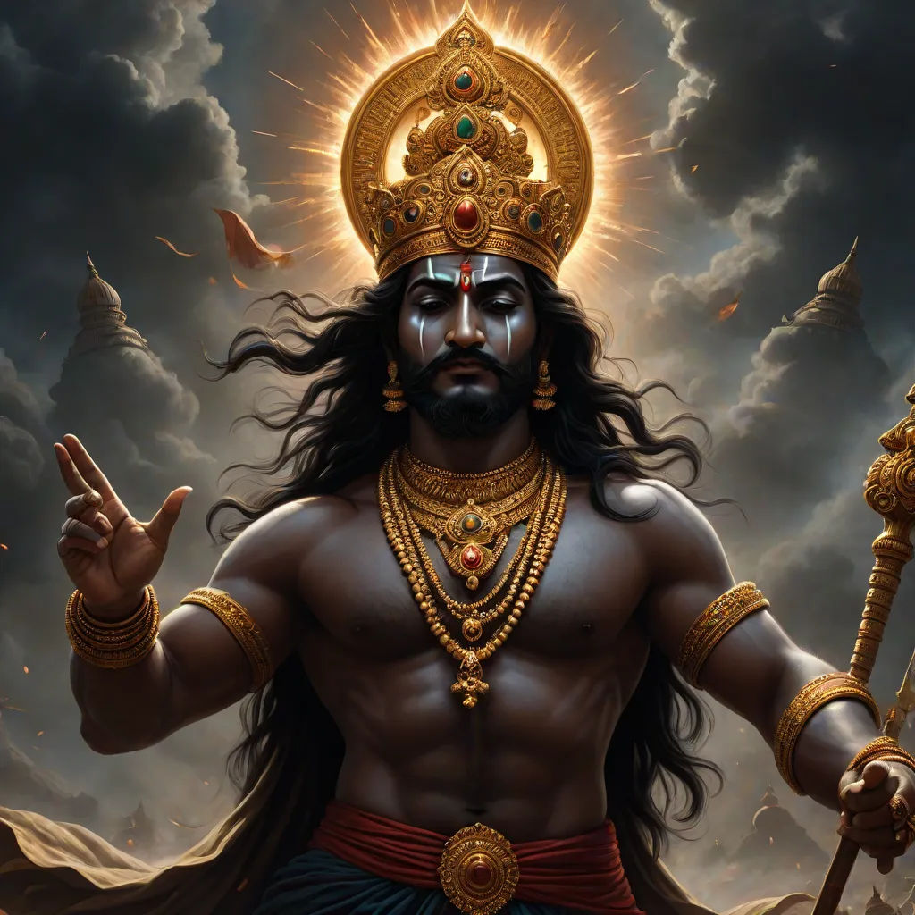 a man with long hair and a beard wearing a golden crown and holding a sword in his hands and a sky with clouds, Bholekar Srihari, samikshavad, a detailed painting, highly detailed digital painting