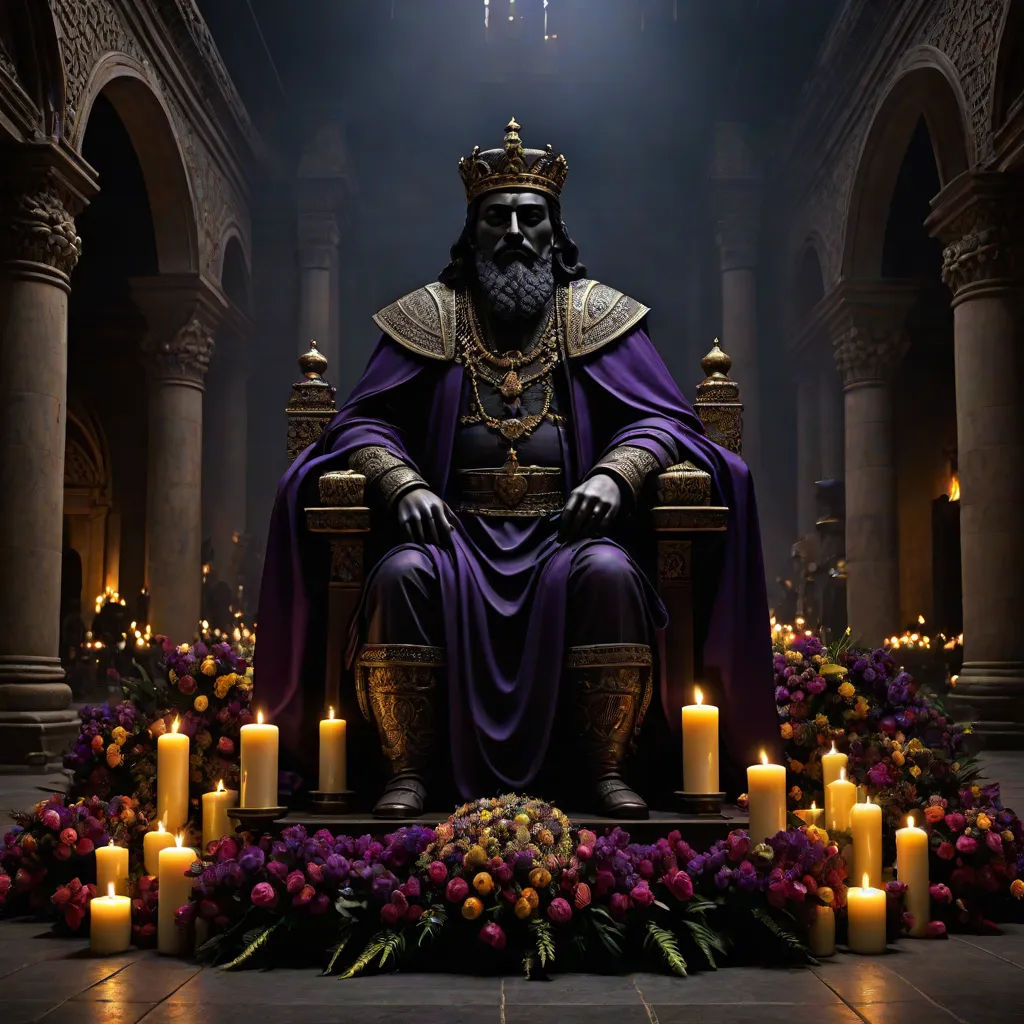 a statue of a king sitting in a throne surrounded by candles and flowers in a dark room with a chandelier, Edward Otho Cresap Ord, II, gothic art, concept art, promotional image