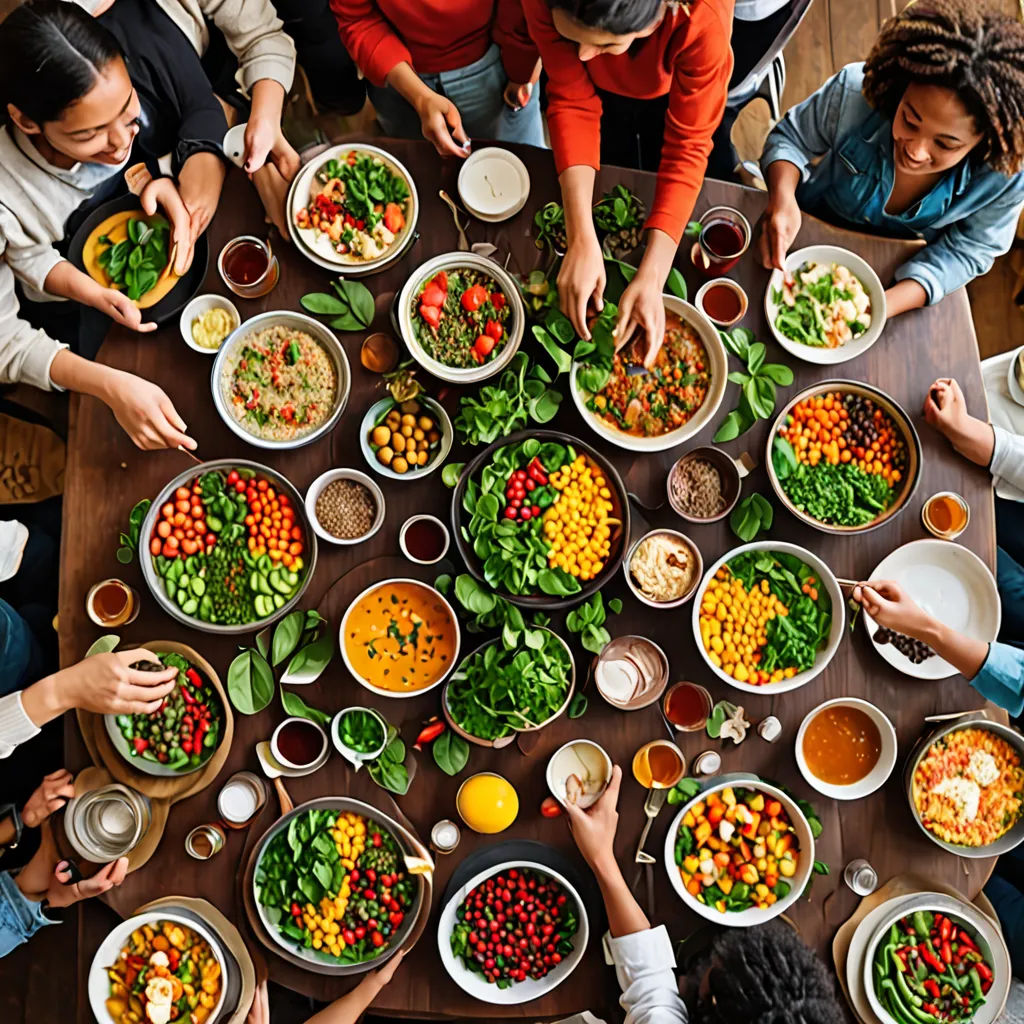 a group of people standing around a table filled with food and drinks, all holding plates of food and bowls of food, maximalism, a stock photo, Bourgeois, professional food photography