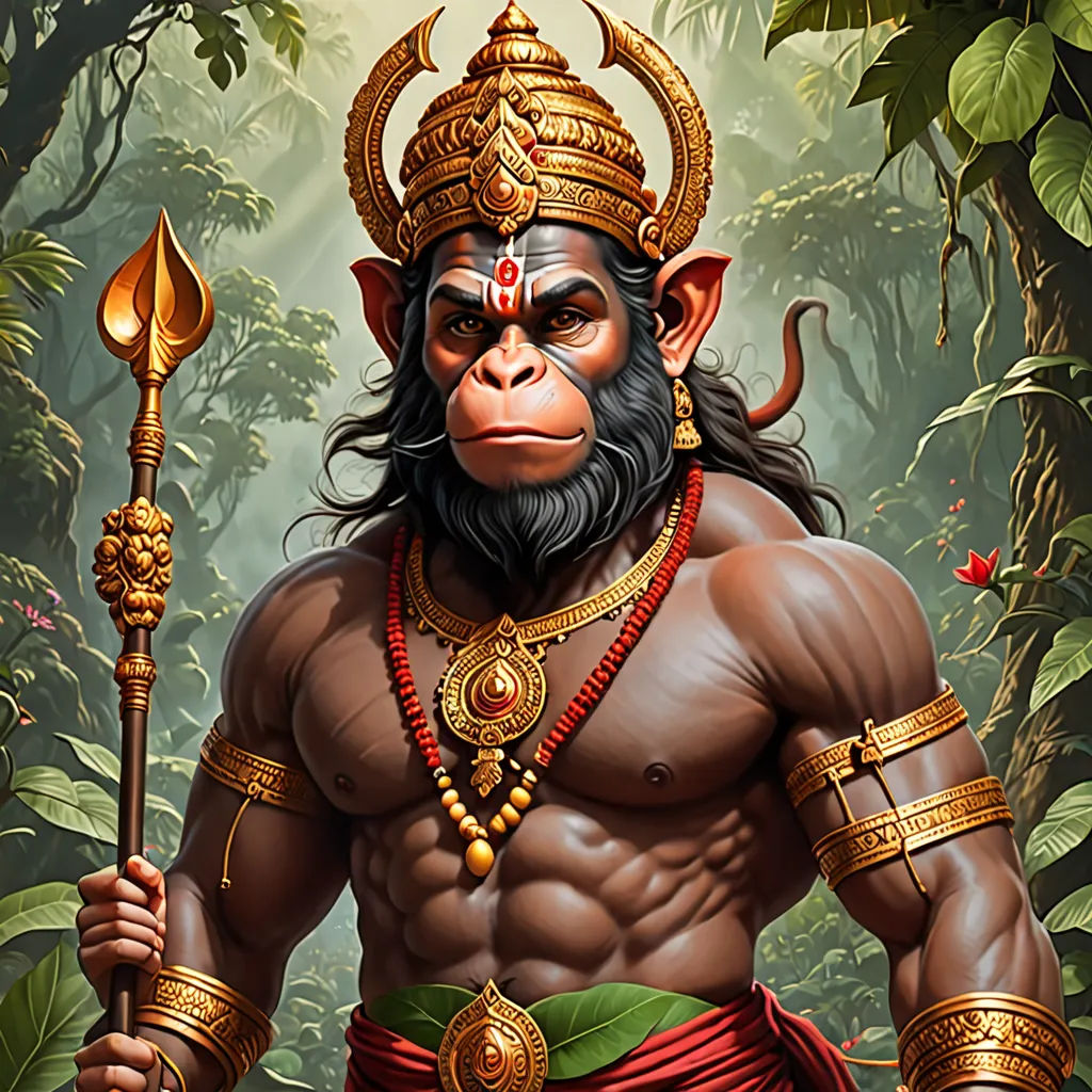 a monkey with a crown and a staff in a jungle with a leaf in his hand and a staff in his other hand, fantasy art, a detailed painting, Alex Petruk APe, highly detailed digital painting