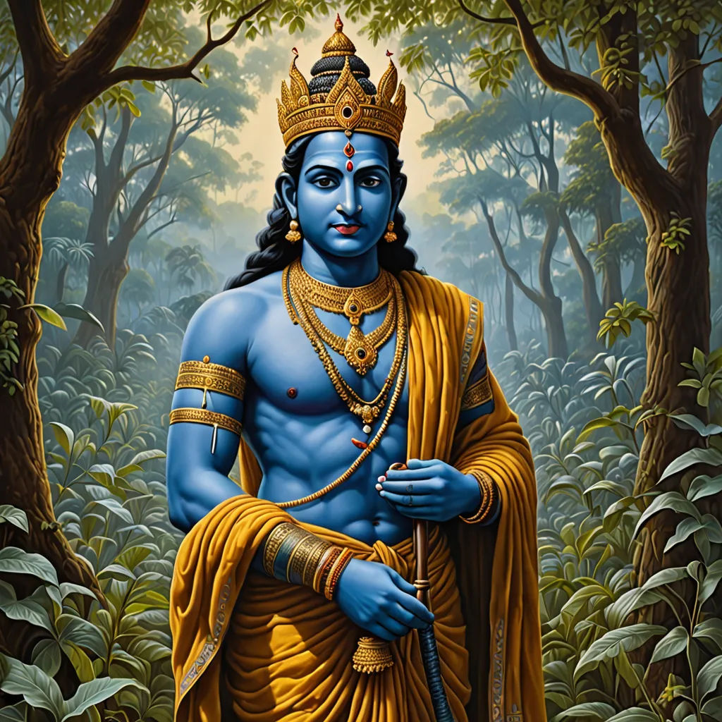 a painting of a blue man in a forest with trees and bushes in the background, with a sword in his hand, samikshavad, an ultrafine detailed painting, Bholekar Srihari, highly detailed digital painting