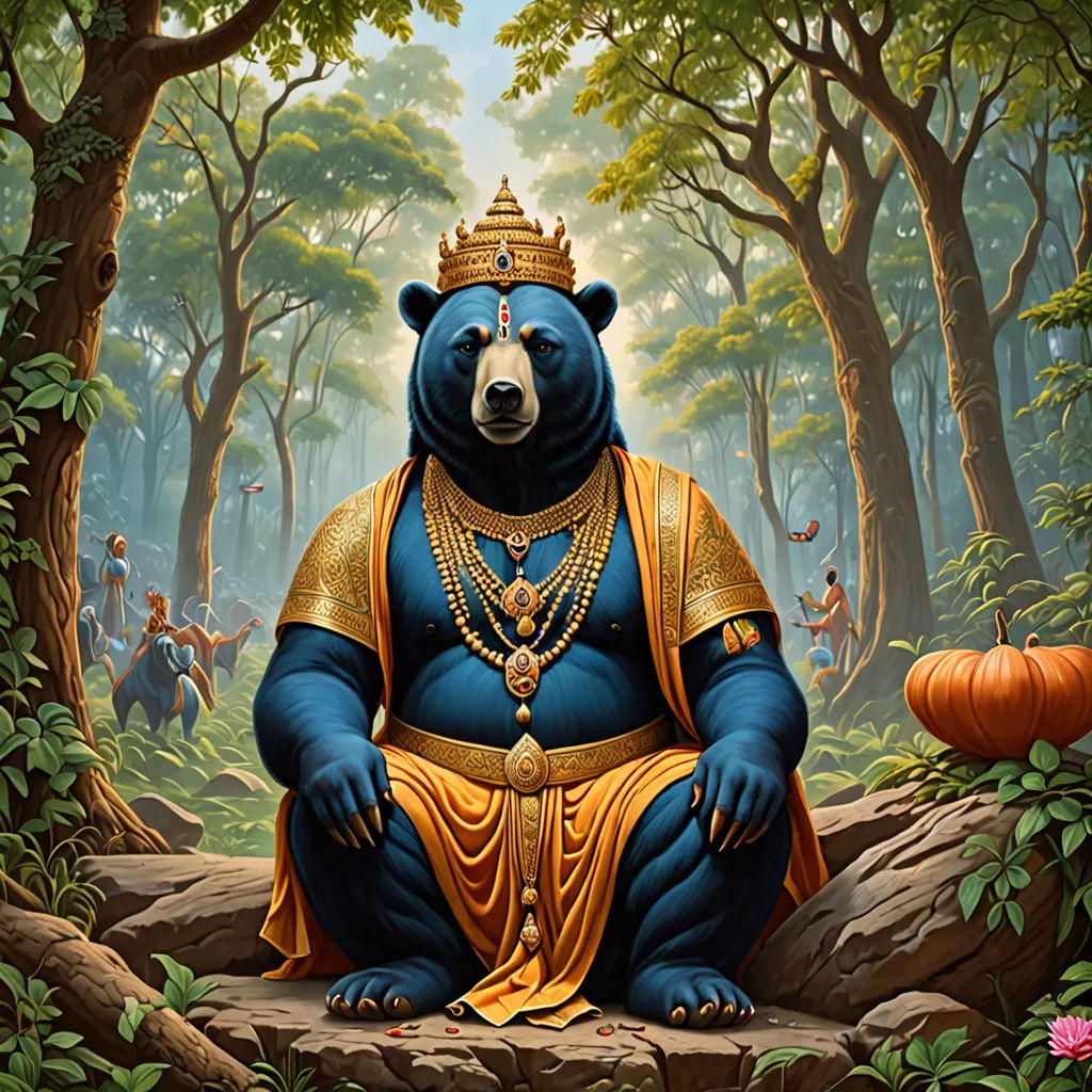 a painting of a blue bear sitting in a forest with a gold crown on his head and a pumpkin in the foreground, fantasy art, a fine art painting, Chris LaBrooy, highly detailed digital painting