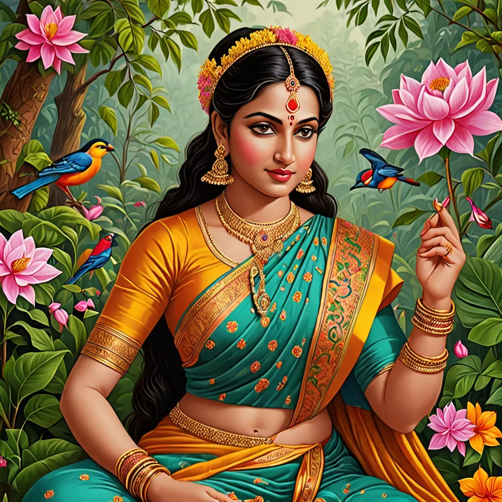 a painting of a woman in a green sari holding a flower and a bird in her hand with a pink flower in her hand, figurative art, a detailed painting, Ella Guru, classical painting