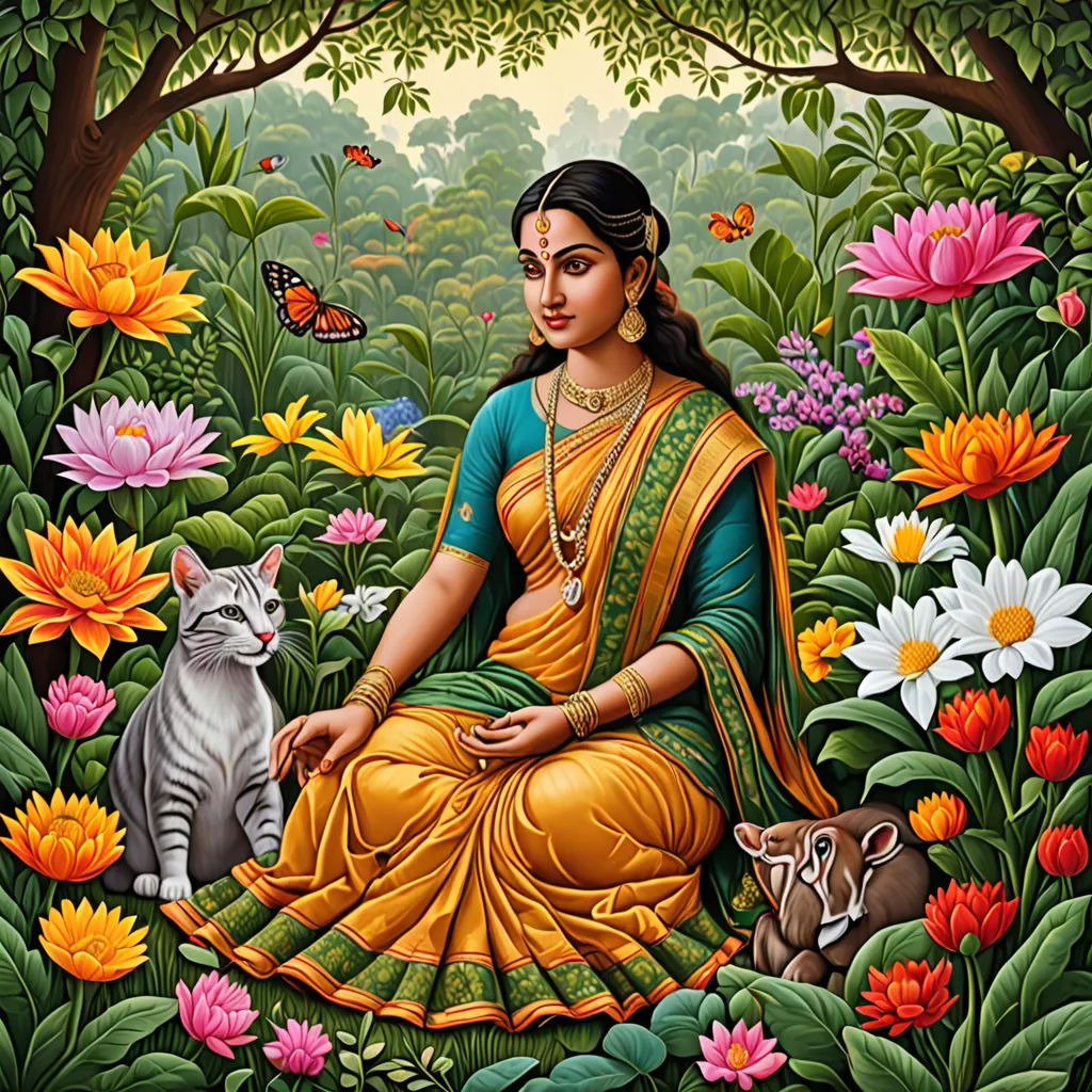 a painting of a woman sitting in a garden with a cat and a dog in front of her, surrounded by flowers and butterflies, bengal school of art, a detailed painting, Ella Guru, classical painting
