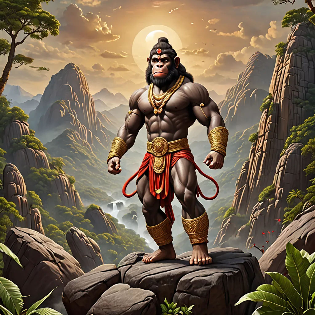a painting of a man standing on a rock in a jungle with a mountain background and a waterfall in the background, fantasy art, an airbrush painting, Art of Brom, highly detailed digital painting
