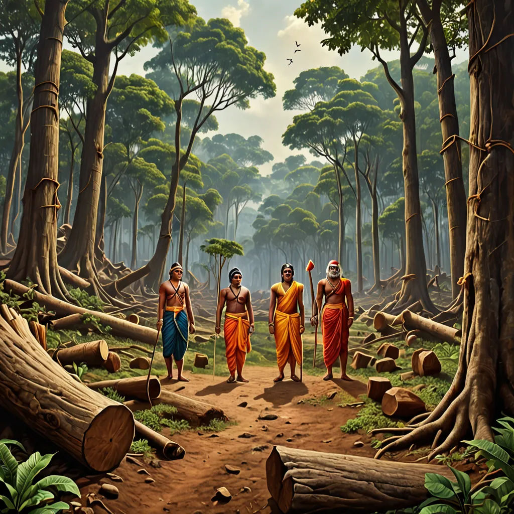 a painting of three men in a forest with trees and logs on the ground and a path leading to them, primitivism, a detailed matte painting, Christophe Vacher, forest