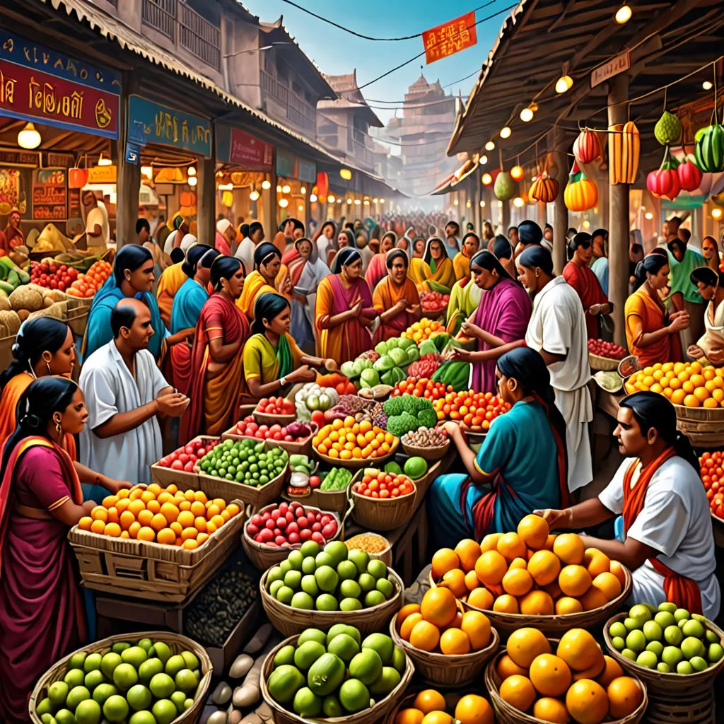 a painting of a market with people shopping for fruit and vegetables in baskets and on the ground, and on the ground, photorealism, a detailed painting, Chris LaBrooy, highly detailed oil painting