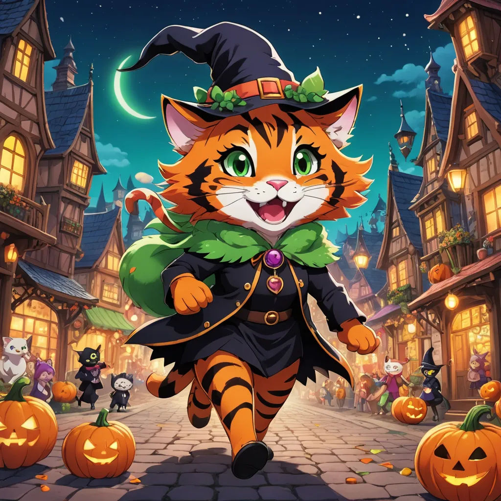 a cat dressed up as a witch running through a street with pumpkins and a full moon in the background, furry art, concept art, Anne Said, official art