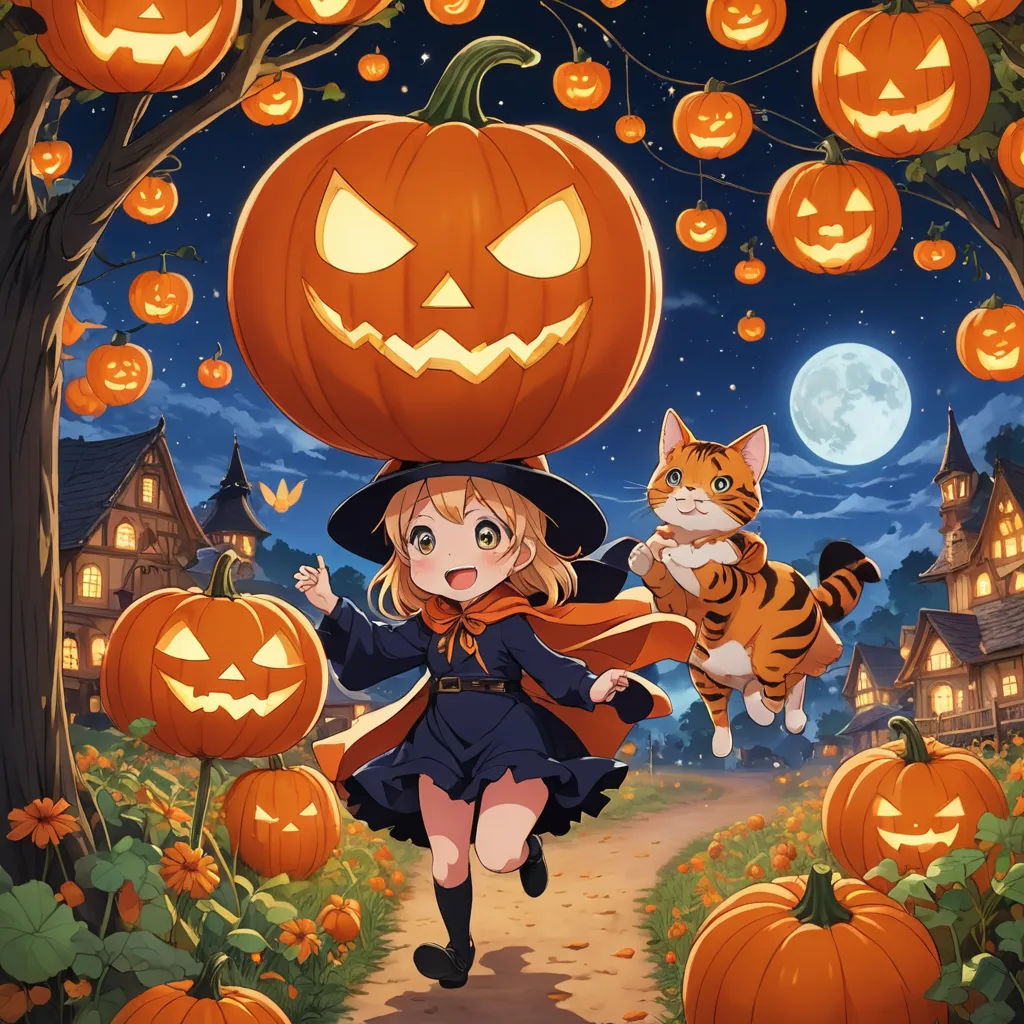 a girl in a witch costume is holding a cat and pumpkins in a field with a full moon, rayonism, an album cover, Ay-O, official art