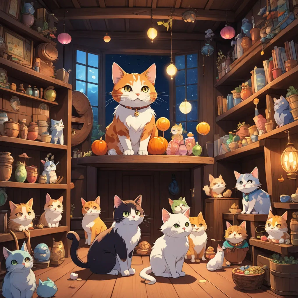 a group of cats sitting on top of a wooden floor next to a shelf filled with oranges and other items, fantasy art, a storybook illustration, Chris LaBrooy, official art