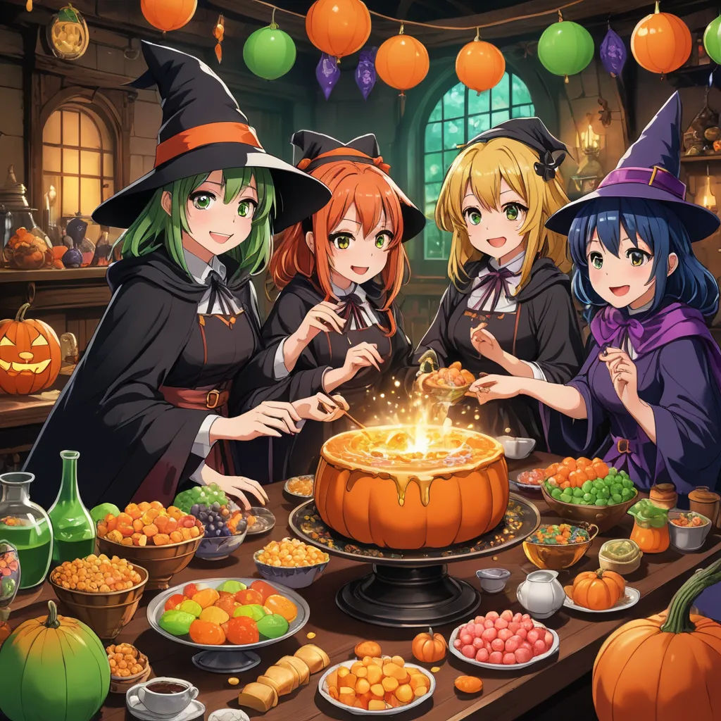 a group of witches standing around a table with a cake on it and a pumpkin in the middle of the table, dau-al-set, an album cover, Aya Goda, official art
