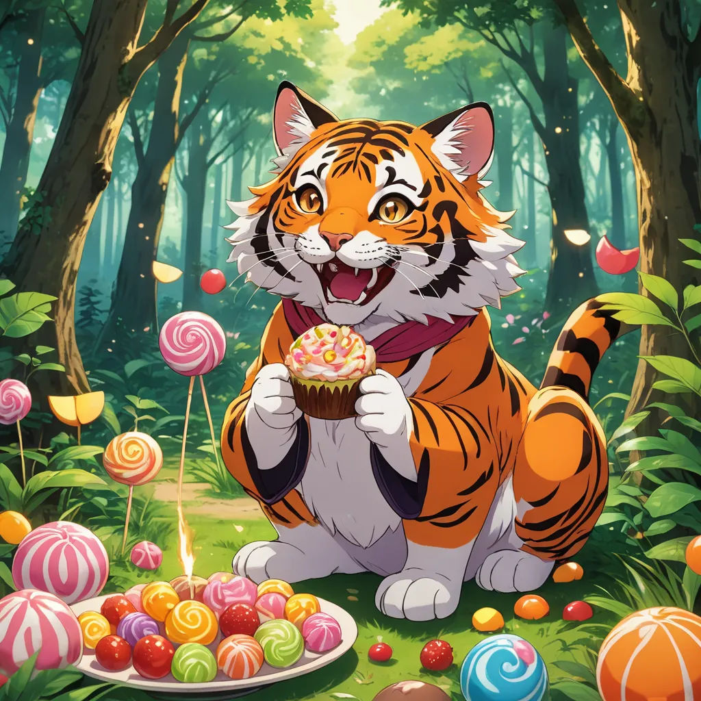 a tiger eating a cupcake surrounded by candy and lollipops in a forest with trees and a forest background, furry art, a stock photo, Anne Said, official art