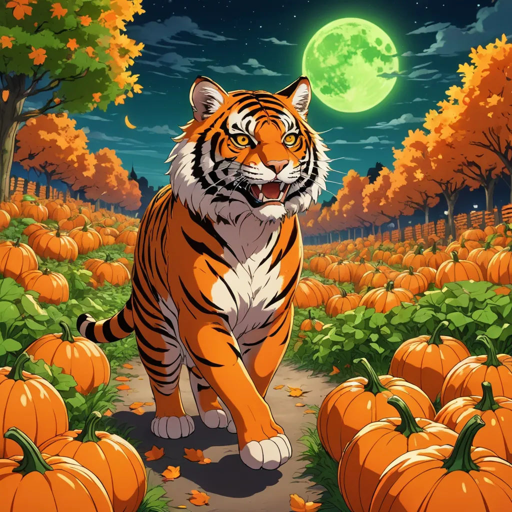 a tiger walking through a field of pumpkins under a full moon with a full moon in the background, furry art, poster art, Dan Mumford, furaffinity