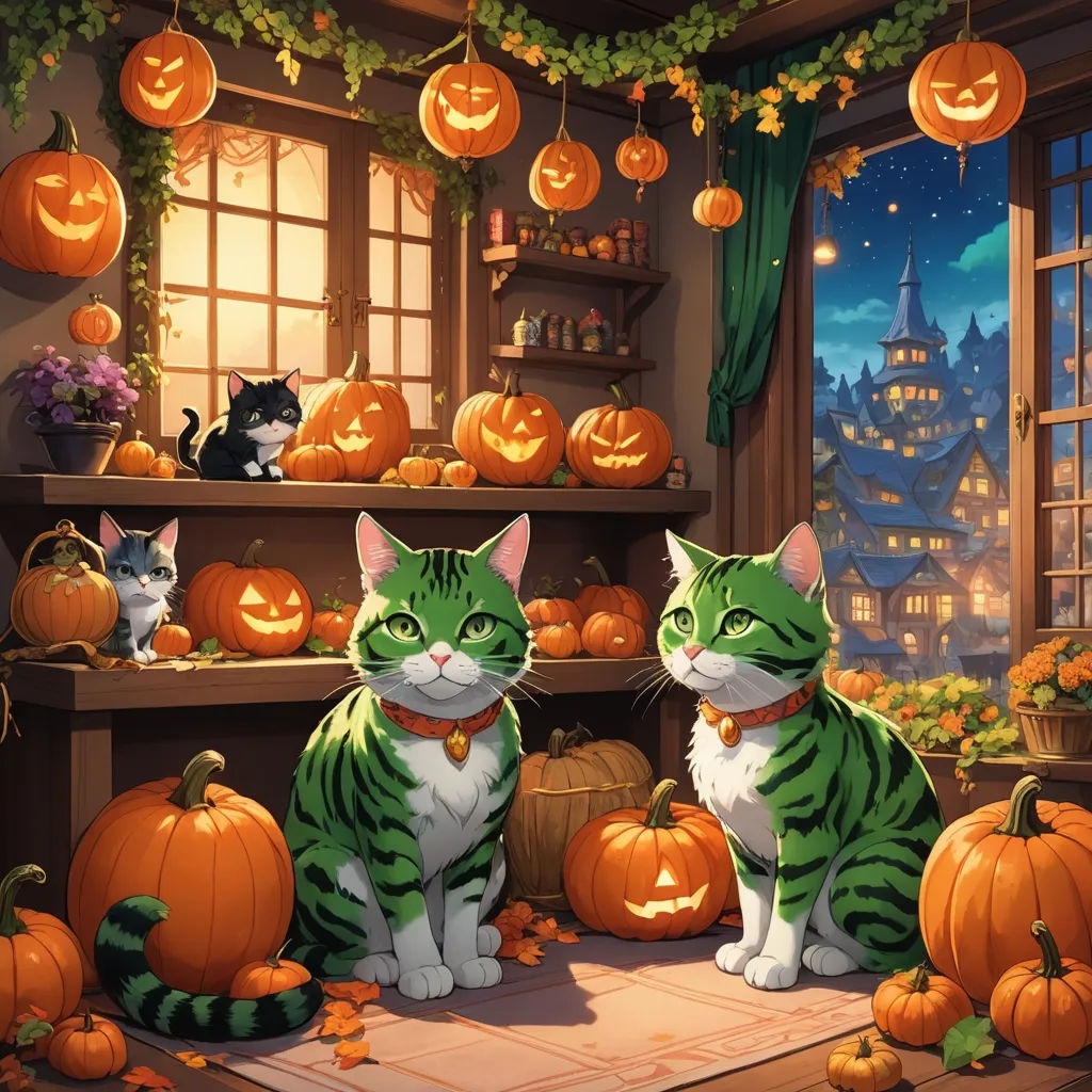a painting of two cats sitting in front of pumpkins and a window with a cat on it and a cat sitting on the floor, sots art, a detailed painting, Anne Stokes, official art