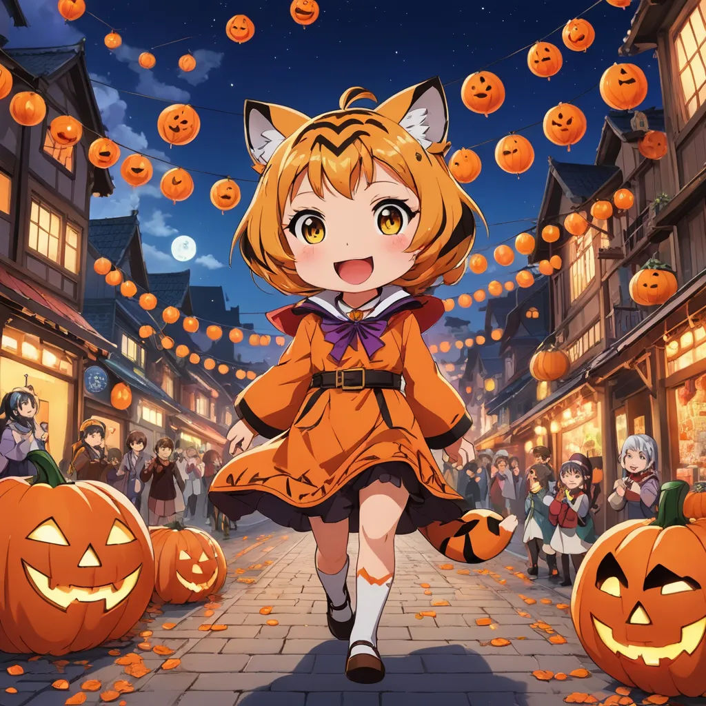 a girl in a cat costume is walking through a street with pumpkins on the ground and a cat on the roof, rayonism, an album cover, Ay-O, official art