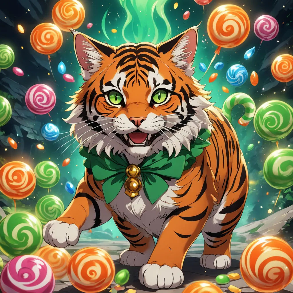 a tiger with a green bow tie and a green bow tie around its neck surrounded by candy balls and lollipops, furry art, a character portrait, Anne Said, official art