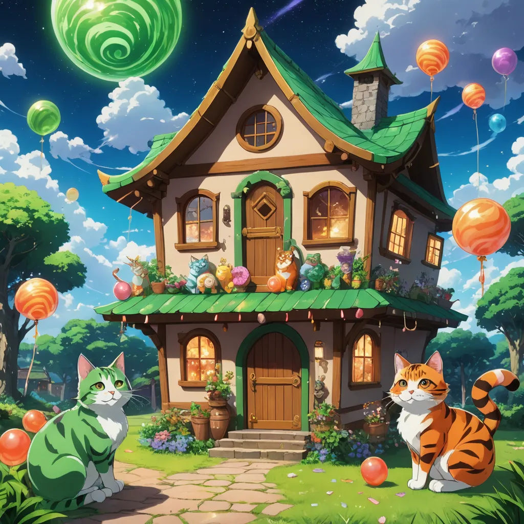 a cat and a cat kitten sitting outside a house with balloons in the air and a cat sitting in front of it, fantasy art, a detailed matte painting, Chris LaBrooy, official art