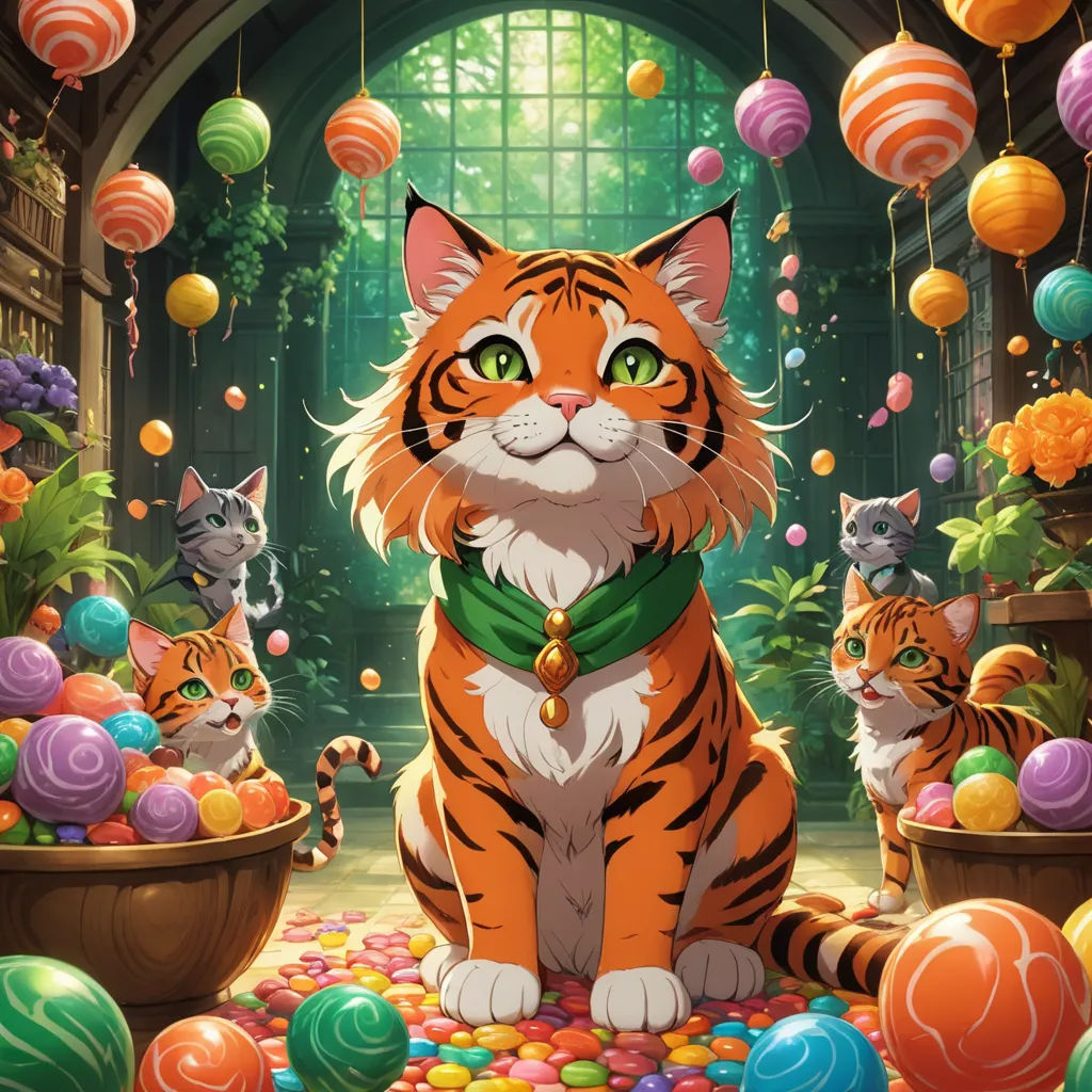 a cat sitting on a table surrounded by balls of candy and balloons in a room with a cat and kitten, fantasy art, a fine art painting, Chris Rallis, official art