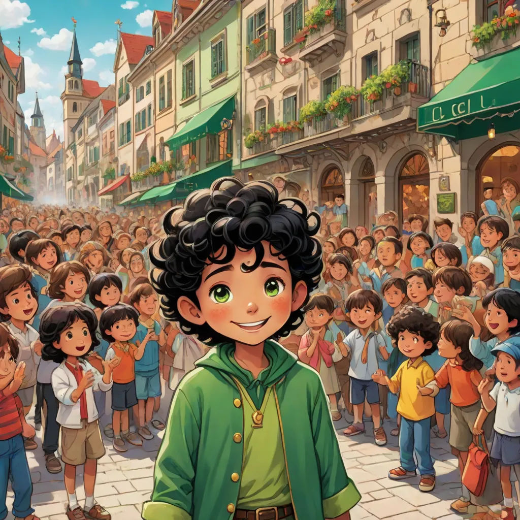 a cartoon of a boy standing in front of a crowd of people in a city street with a green shirt, magical realism, a storybook illustration, Diego Gisbert Llorens, official art
